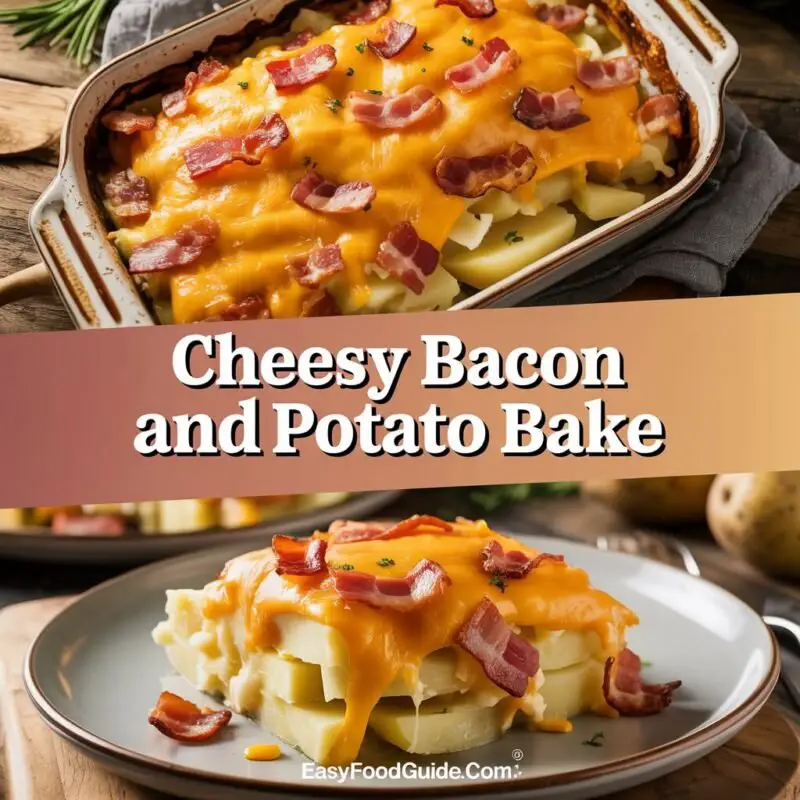 Cheesy Bacon and Potato Bake with layers of bacon, potatoes, and melted cheese, garnished with green onions.