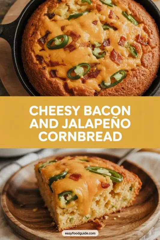 A slice of cheesy bacon and jalapeño cornbread on a wooden plate, showcasing bacon bits and jalapeños.