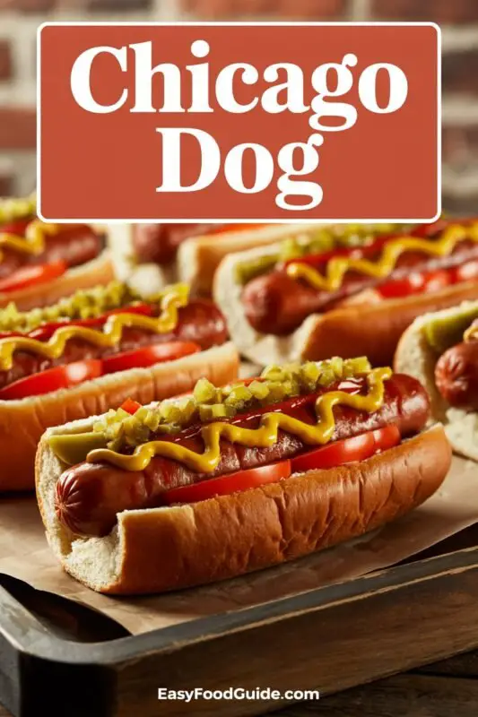 A classic Chicago Dog topped with mustard, relish, onions, and peppers in a bun, alongside crispy fries.