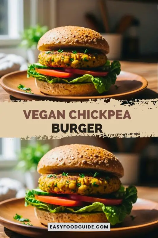 A freshly made vegan chickpea burger with a golden-brown patty, lettuce, tomato, and lemon juice on a rustic wooden plate.