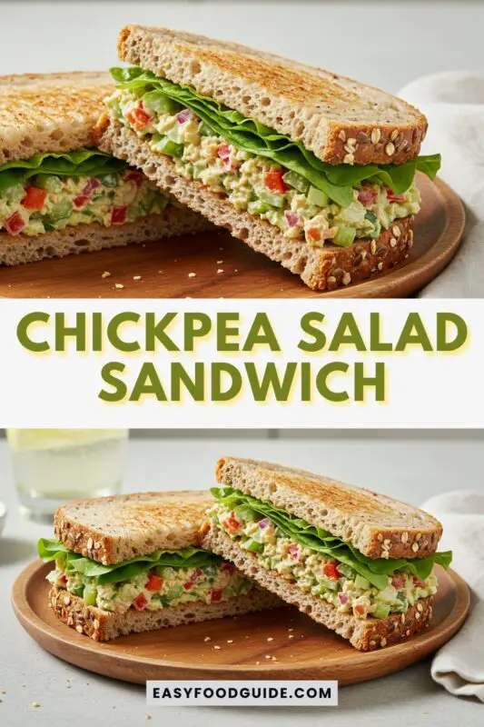 Chickpea Salad Sandwich on whole grain bread with veggies, served with carrot sticks on a wooden table.