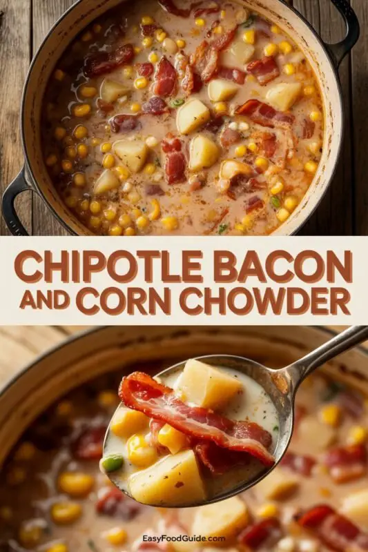 A hearty bowl of Chipotle Bacon and Corn Chowder with bacon, corn, and potatoes, garnished with cilantro on a wooden table.
