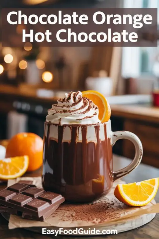 A mug of Chocolate Orange Hot Chocolate topped with whipped cream and candied orange slices.