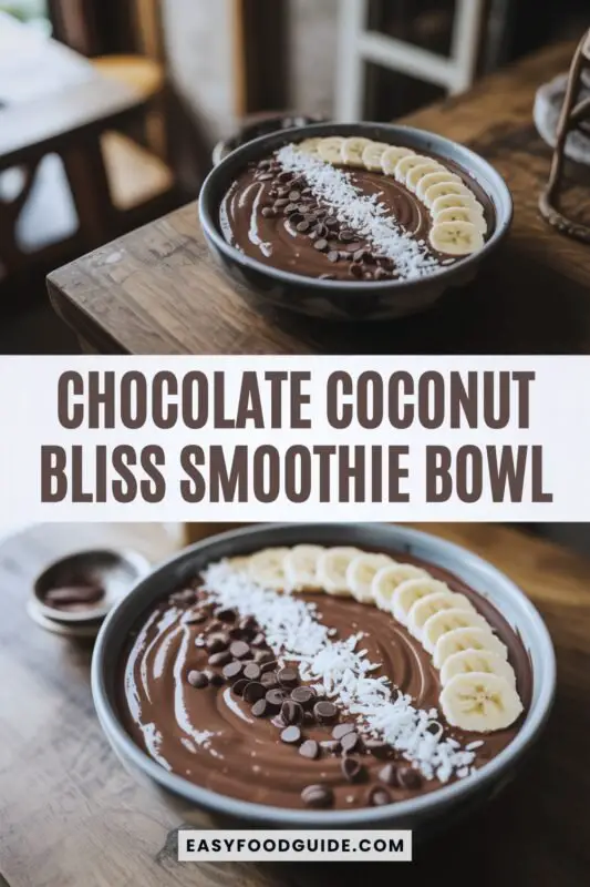 choconut-smoothie-bowl-1 Chocolate Coconut Bliss Smoothie Bowl with coconut milk, topped with shredded coconut, dark chocolate chips, and sliced bananas on a rustic wooden table.