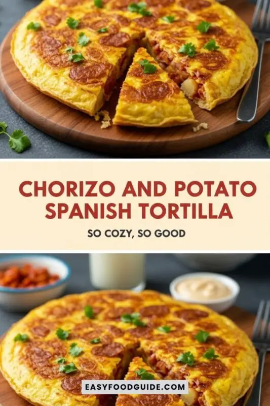chorizo-potato-spanish-tortilla-1 A hearty Spanish-style omelet with chorizo and potatoes, served on a wooden board with aioli.