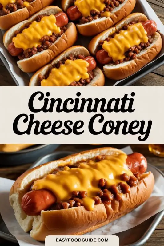 Cincinnati Cheese Coneys with hot dogs, chili, and cheese on a plate, garnished with onions and mustard.