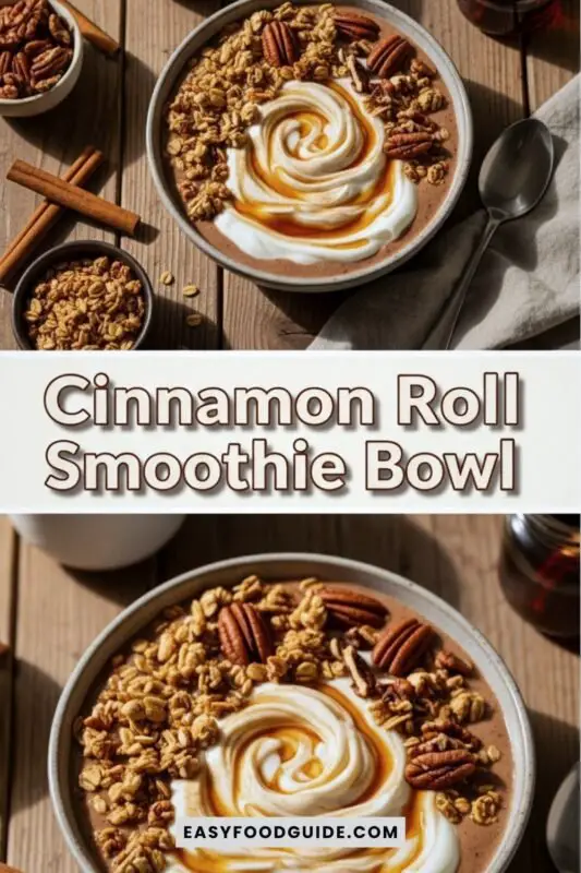 cinnamon-smoothie-bowl-1 Cinnamon Roll Smoothie Bowl with granola, pecans, and maple syrup on a rustic wooden table.