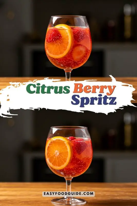 Citrus Berry Spritz cocktail with strawberries and oranges on a wooden countertop, garnished with fresh fruit.