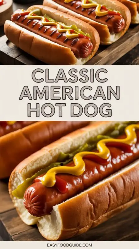 A classic American hot dog in a toasted bun with mustard, ketchup, and relish, set on a picnic table.