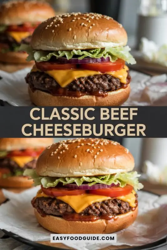 classic-beef-cheese-burger-1 A delicious Classic Beef Cheeseburger with a beef patty, American cheese, lettuce, tomato, onion, and pickles on a toasted bun, served with fries.
