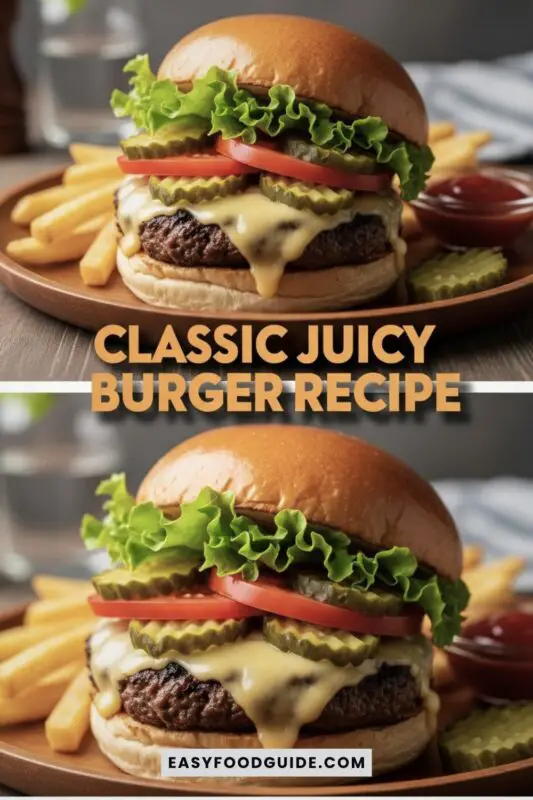 A delicious juicy burger with fresh toppings on a toasted bun, served with fries.