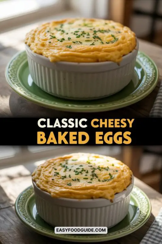 A rustic ceramic dish filled with cheesy baked eggs, garnished with herbs, on a wooden table with morning light.