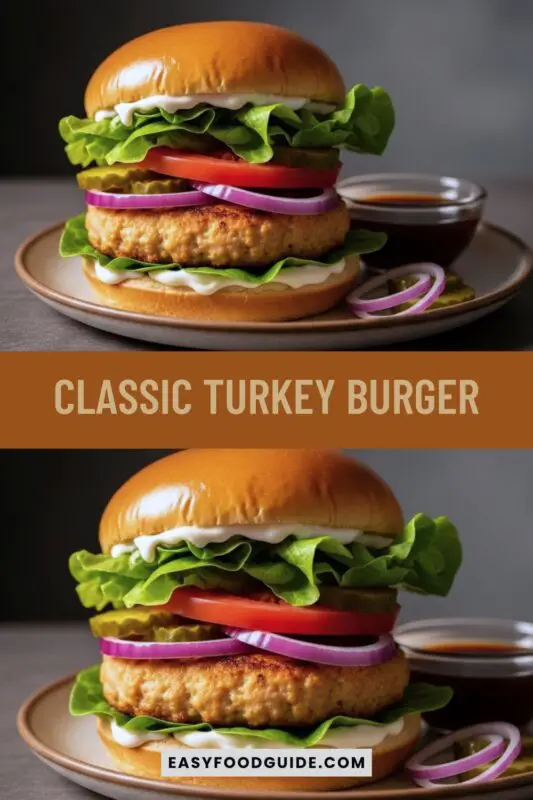 A delicious turkey burger with lettuce, tomato, onion, and pickles on a toasted bun, presented in a studio setting.