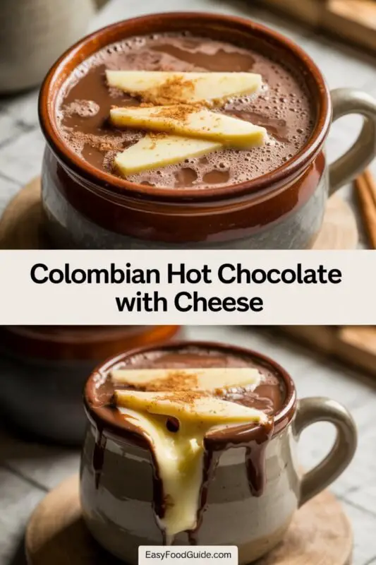 A cozy cup of Colombian Hot Chocolate with melted cheese, served with bread and arepas on a rustic table.