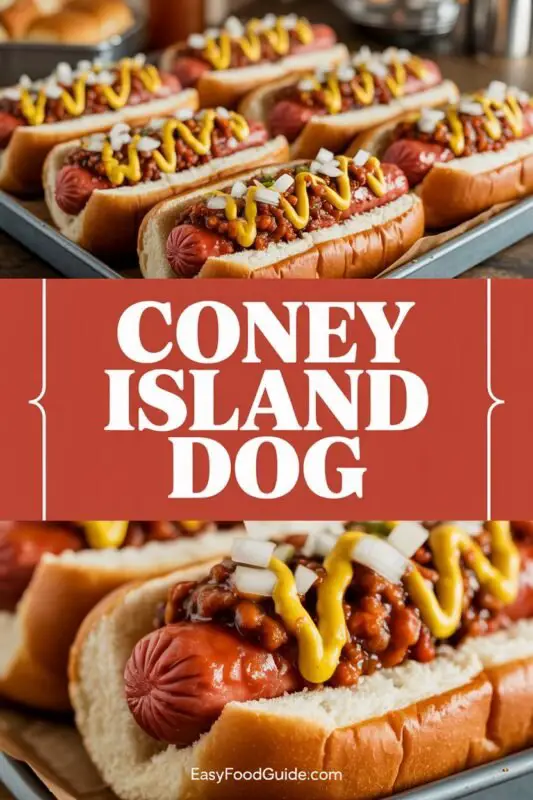 A classic Coney Island Dog with chili, mustard, and onions on a wooden table.