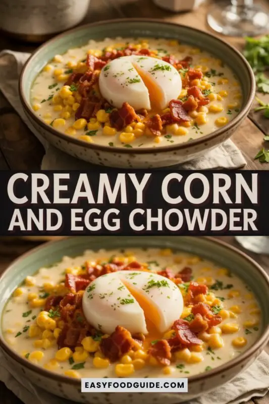 corn-chowder-1 A bowl of creamy corn chowder with a poached egg and bacon bits, garnished with herbs on a rustic table.