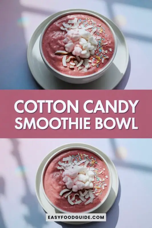 cotton-candy-smoothie-2 A colorful cotton candy smoothie bowl with coconut flakes, cotton candy bits, and sprinkles on a white plate.