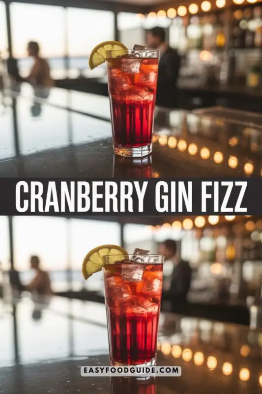 A tall glass of Cranberry Gin Fizz cocktail with ice, lemon garnish, and cranberries on a bar counter.