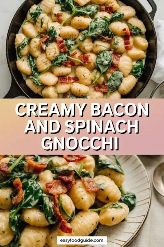 Creamy bacon and spinach gnocchi in a bowl, garnished with bacon and spinach, on a rustic wooden table.