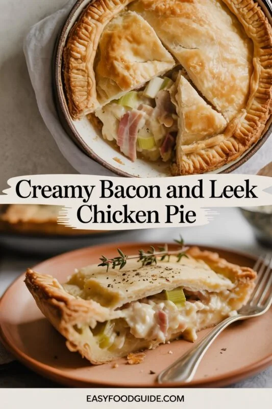 Creamy Bacon and Leek Chicken Pie with golden puff pastry crust, served on a wooden table.