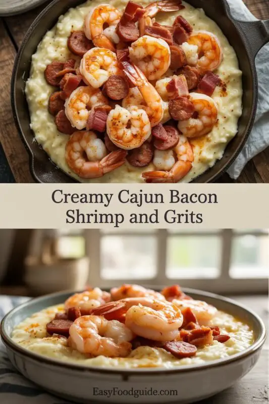 Creamy Cajun bacon shrimp and grits with shrimp, bacon, sausage, and cheesy grits garnished with green onions.