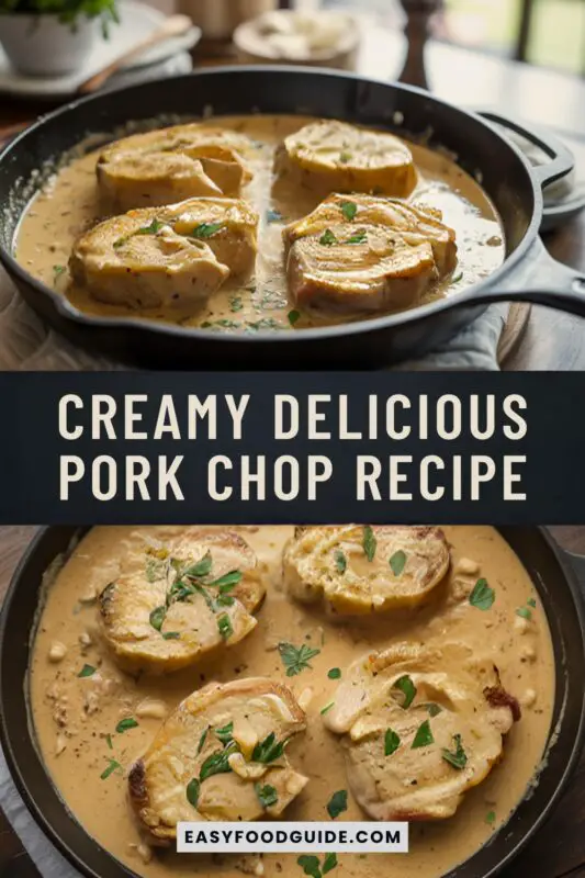 Golden-brown pork chops in creamy garlic sauce garnished with parsley in a cast iron skillet on a marble surface.