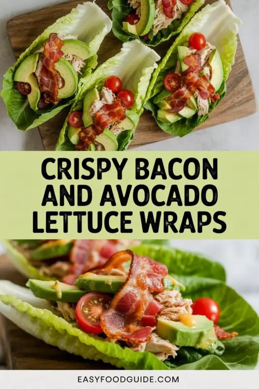 Crispy bacon and avocado lettuce wraps filled with bacon, avocado, and tomatoes on a plate.
