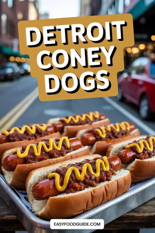 A Detroit Coney Dog with chili sauce, mustard, and onions on a bun.