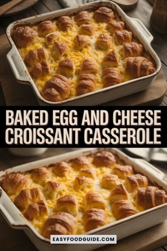 egg-cheese-croissant-1 Baked egg and cheese croissant casserole in a vintage dish, garnished with herbs, on a wooden table.