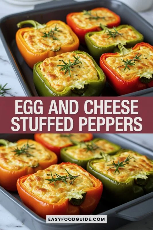 egg-cheese-stuffed-peppers-1 Halved bell peppers filled with baked eggs and cheese, garnished with herbs on a marble surface.