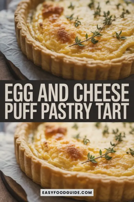 egg-cheese-tart-5 A savory egg and cheese puff pastry tart, garnished with thyme, on a rustic table.