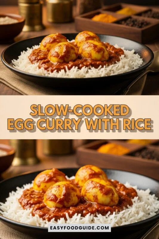 egg-curry-rice-1 A bowl of boiled egg curry in tomato sauce over basmati rice, garnished with cilantro, on a wooden table.