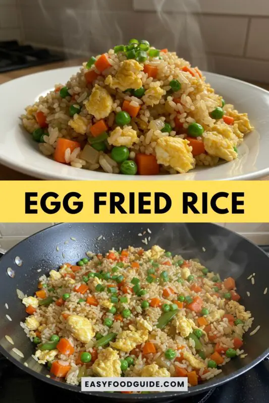 A colorful plate of Egg Fried Rice with vegetables and eggs, garnished with green onions, on a dining table.