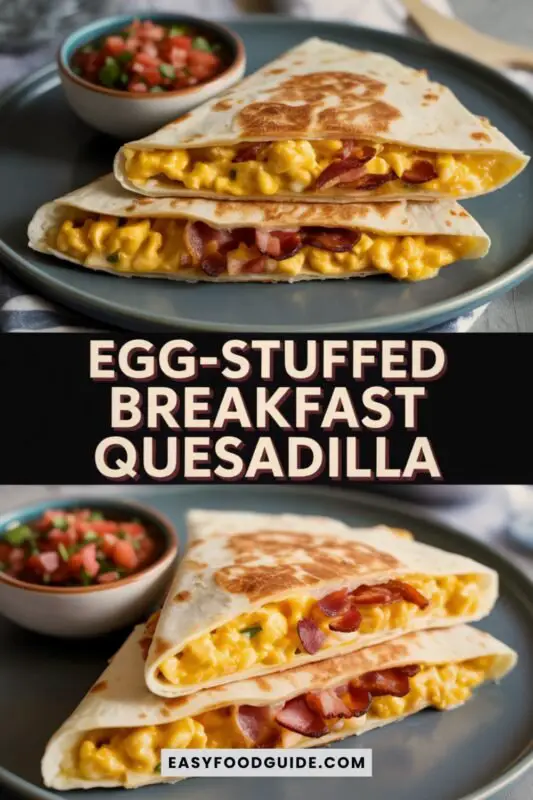 egg-stuffed-quesadilla-5 Golden-brown egg-stuffed breakfast quesadilla with bacon and cheese, served with salsa.