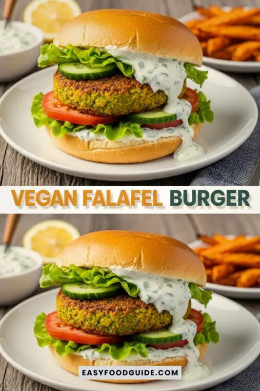 A gourmet vegan falafel burger with crispy patty, fresh vegetables, and tzatziki sauce in a pita on a rustic table.