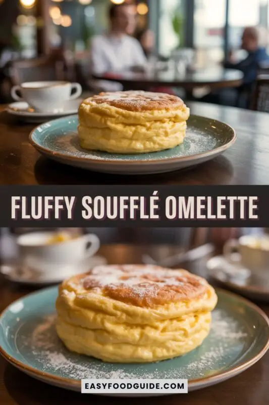 Fluffy soufflé omelette on an elegant plate, dusted with cheese, in a café setting.