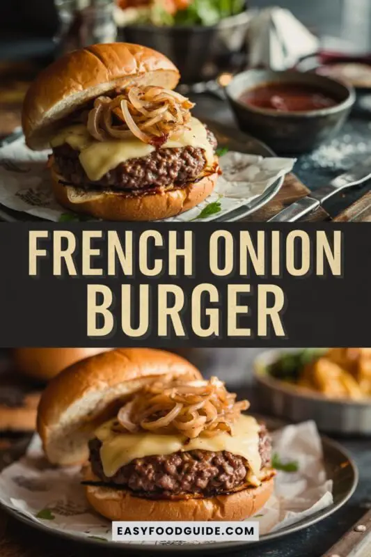 french-onion-burger-1 A gourmet French Onion Burger with beef patty, caramelized onions, melted Gruyère cheese, and toasted bun, served with beef au jus.