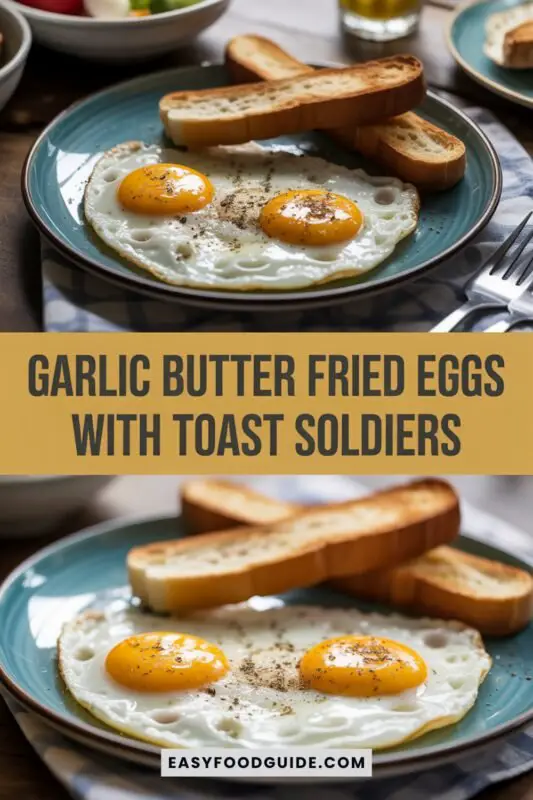 A rustic breakfast plate with sunny-side-up eggs in garlic butter and toast soldiers on a cozy kitchen table.