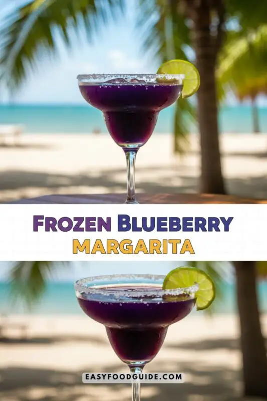 Frozen Blueberry Margarita in a margarita glass with salt rim, fresh blueberries, and lime garnish against a tropical background.