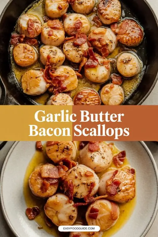 Seared scallops in garlic butter topped with crispy bacon on a rustic plate.