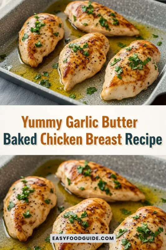 Three golden-brown chicken breast fillets garnished with herbs in a dark ceramic bowl.