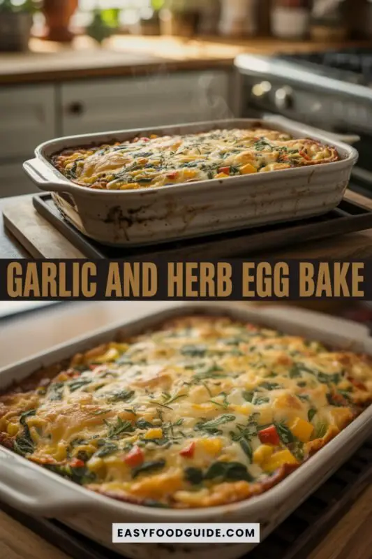 garlic-herb-egg-bake-1 A casserole dish of garlic and herb egg bake, golden and cheesy, in a cozy farmhouse kitchen.