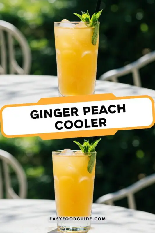 A refreshing Ginger Peach Cooler in a glass with ginger ale, peach puree, and mint, served with crushed ice on a sunny patio table.