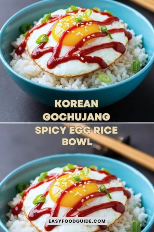 gochujang-egg-rice-01 A colorful Korean Gochujang Spicy Egg Rice Bowl with a fried egg, gochujang sauce, sesame seeds, and scallions on a rustic table.