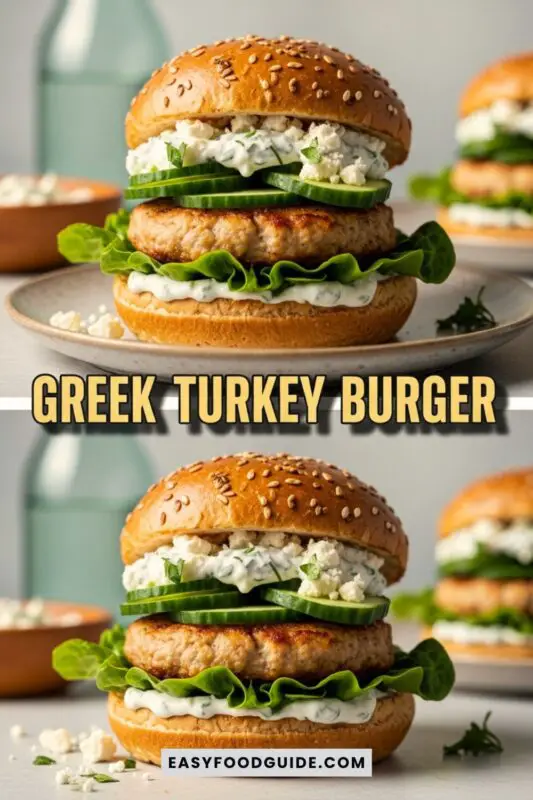A gourmet Greek Turkey Burger with feta, cucumber, lettuce, and tzatziki sauce on a whole wheat bun, styled on a wooden table.