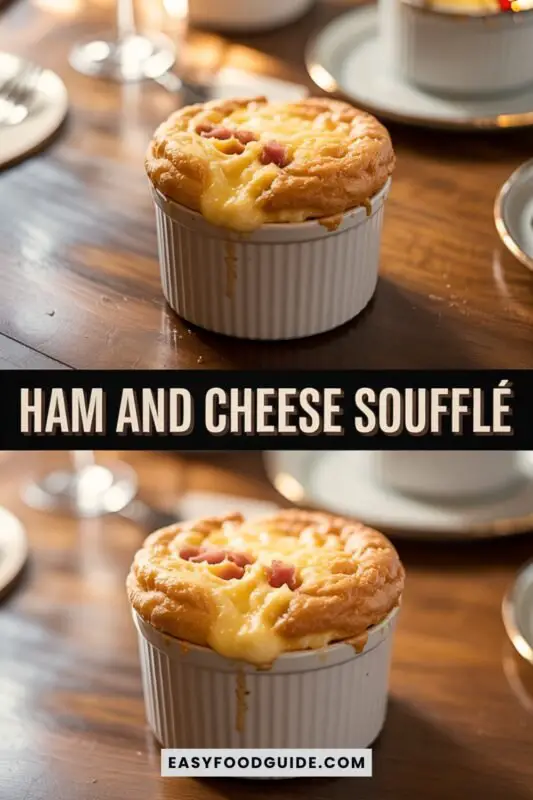 ham-cheese-soufflé-1 Golden ham and cheese soufflé in a ramekin, showcasing a fluffy texture and melted cheese.
