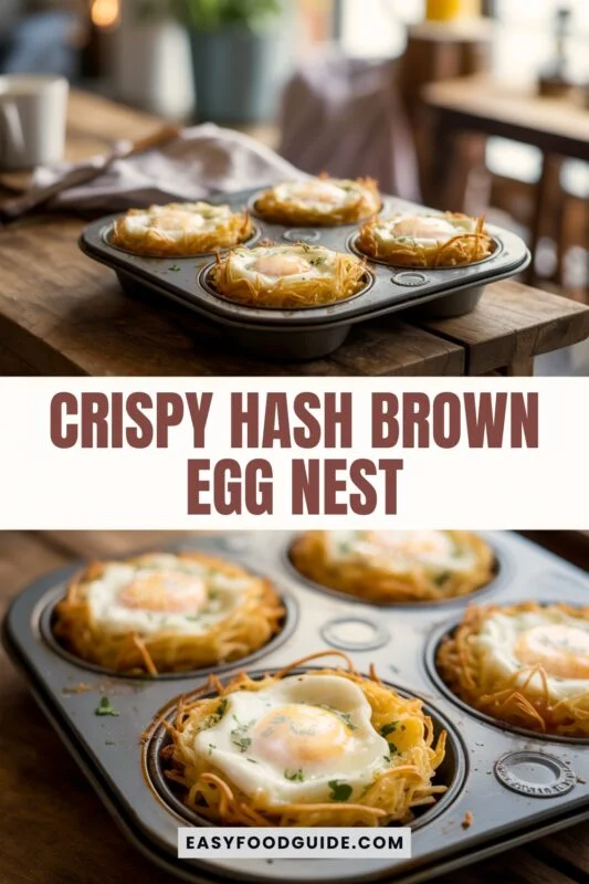 hashbrown-egg-nest-01 Crispy hash brown egg nest with a baked egg, garnished with herbs and Parmesan, in a cozy brunch setting.