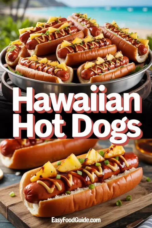 Hawaiian teriyaki hot dogs with grilled pineapple and green onions on a plate.
