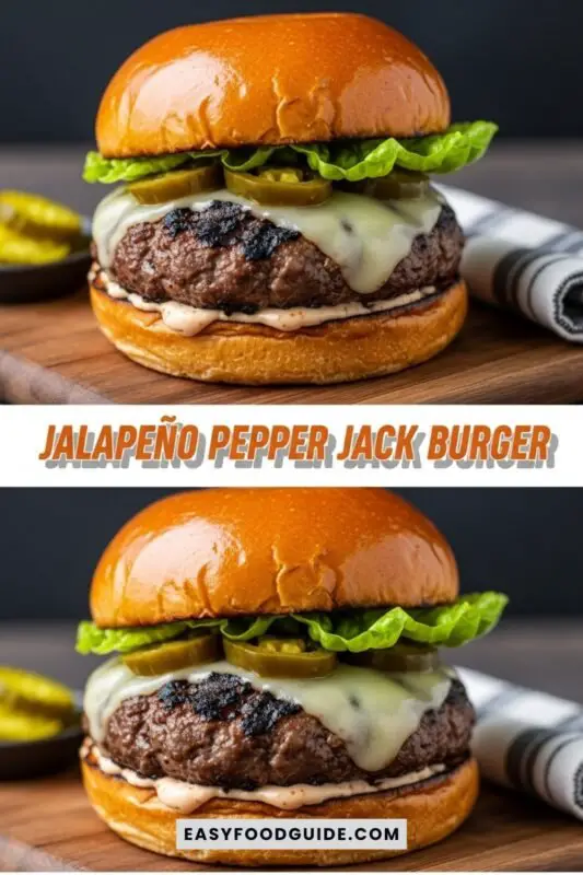 jalapeno-pepperjack-burger-1 A gourmet Jalapeño Pepper Jack Burger with melted cheese, lettuce, and pickled jalapeños on a rustic wooden platter.