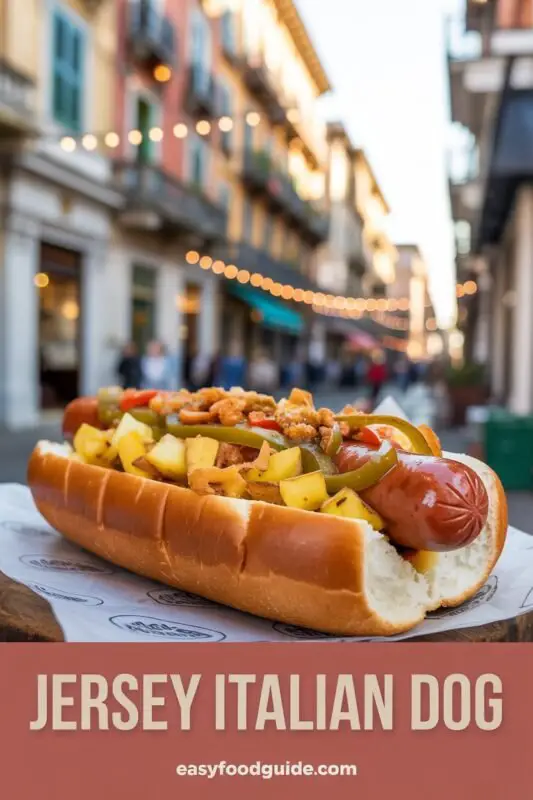 A Jersey Italian Hot Dog with fried potatoes, onions, and bell peppers in an Italian roll on a wooden table.